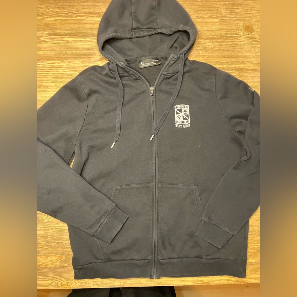 Army branded black zip-up hoodie. Adult L